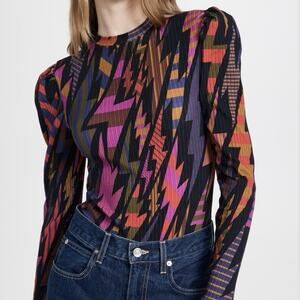 Farm Rio Lightning Bodysuit L Multicolor Puff Long Sleeve Thong Cotton Logo Nwt